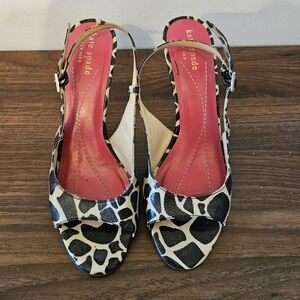 Kate Spade NY High Heel Slingback Sandal Beige Black Animal Giraffe Print Sz 6.5